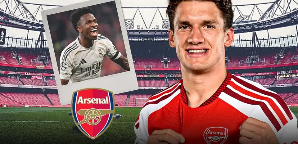 Arsenal player posing with club logo and stadium background