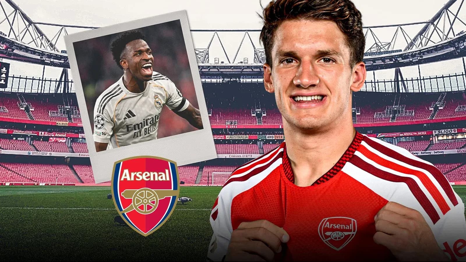 Arsenal player posing with club logo and stadium background