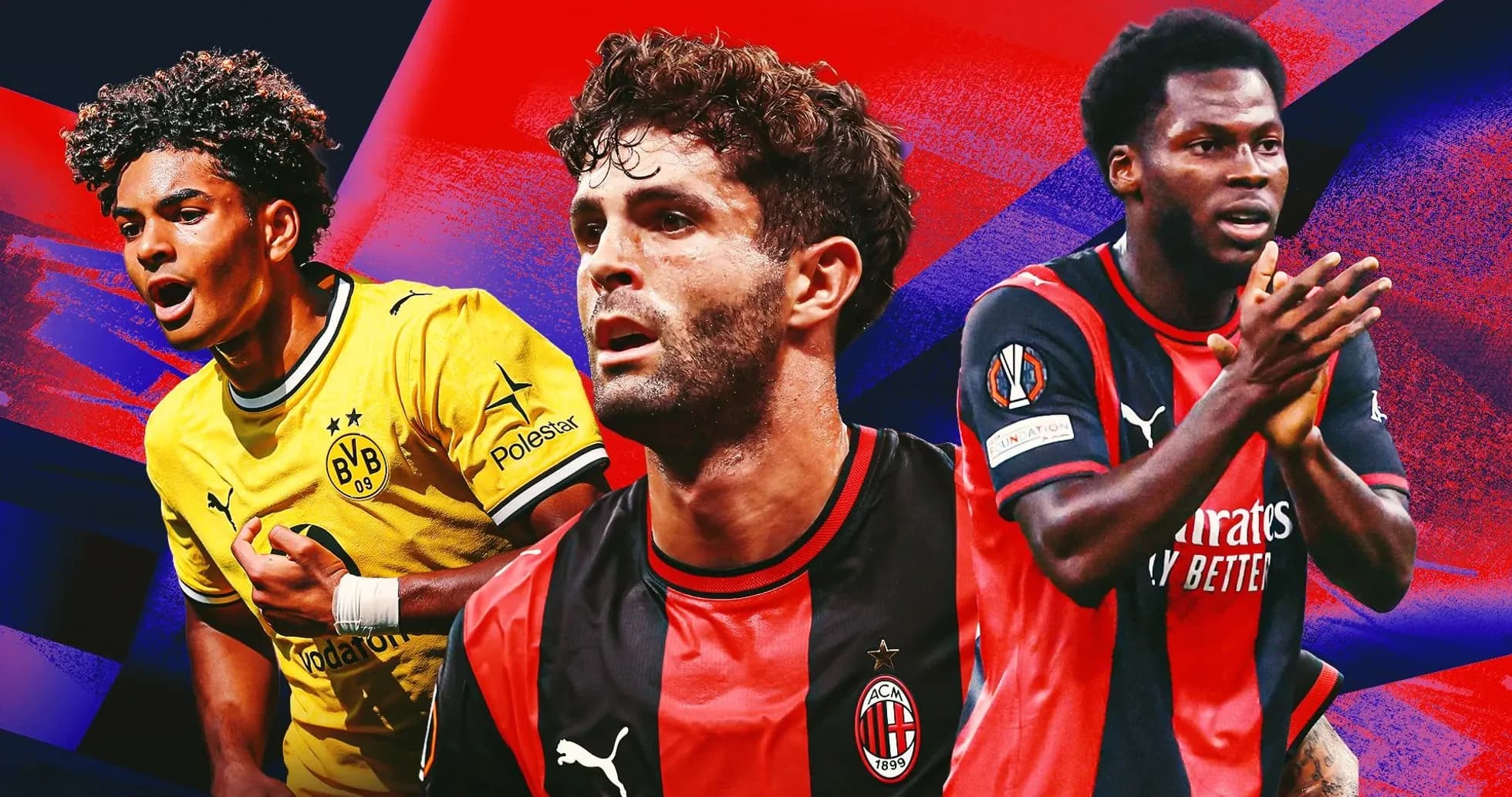 Three football players in team jerseys on colorful background