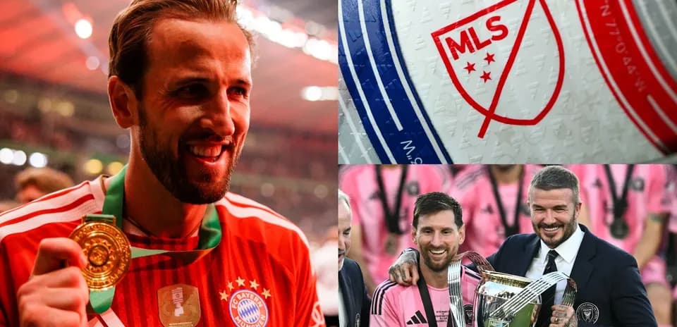 Harry Kane with trophy, MLS logo, Messi and Beckham celebrate