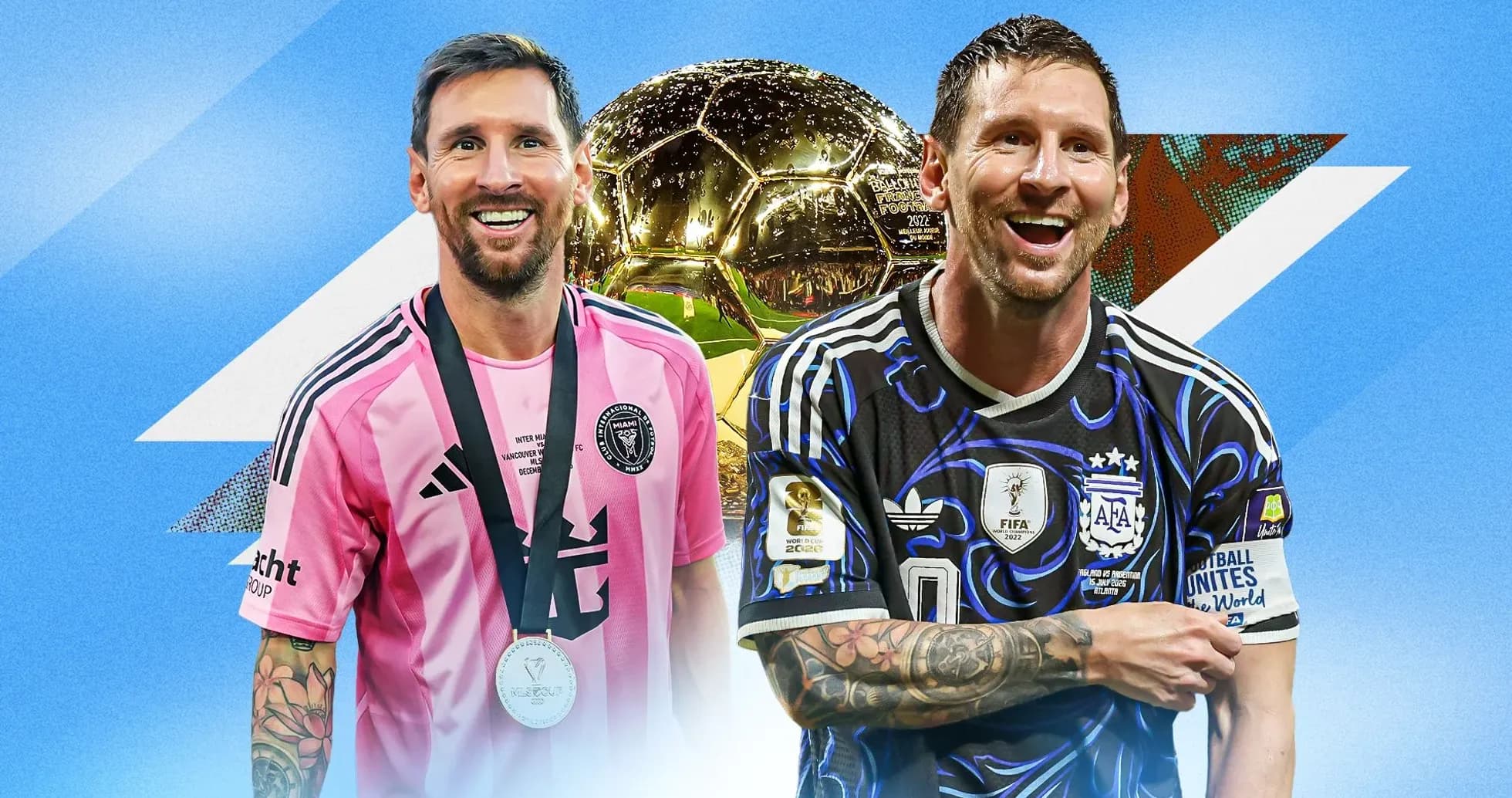 Lionel Messi in two jerseys with Ballon d'Or trophy