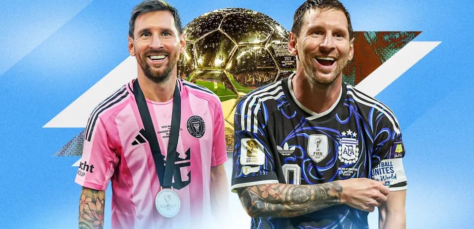 Lionel Messi in two jerseys with Ballon d'Or trophy