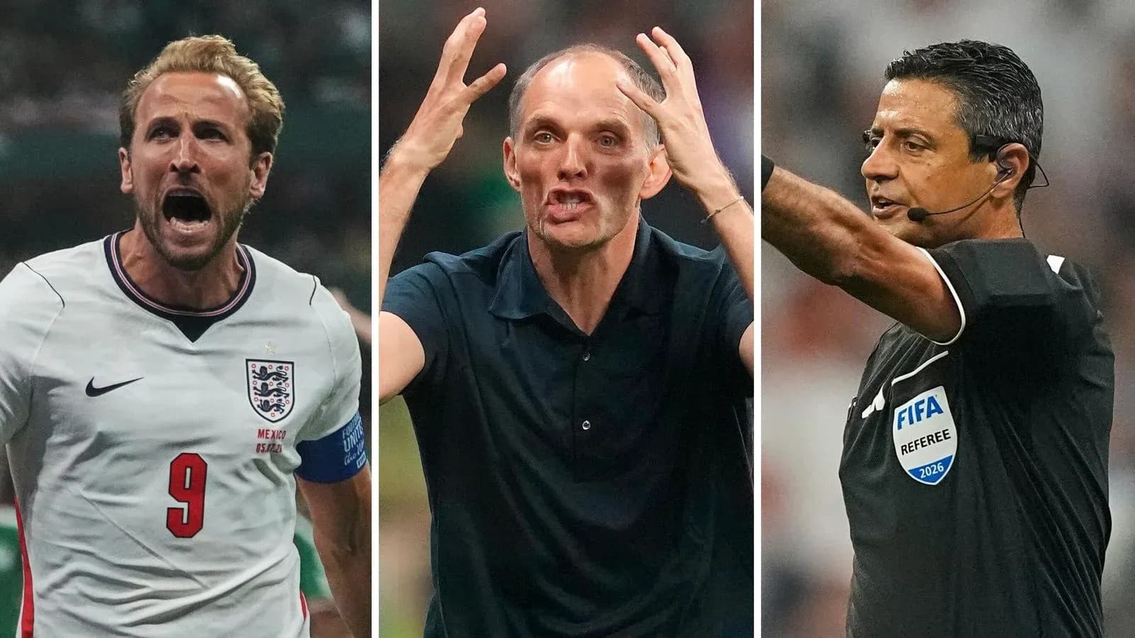 Harry Kane celebrating, Thomas Tuchel coaching, referee officiating