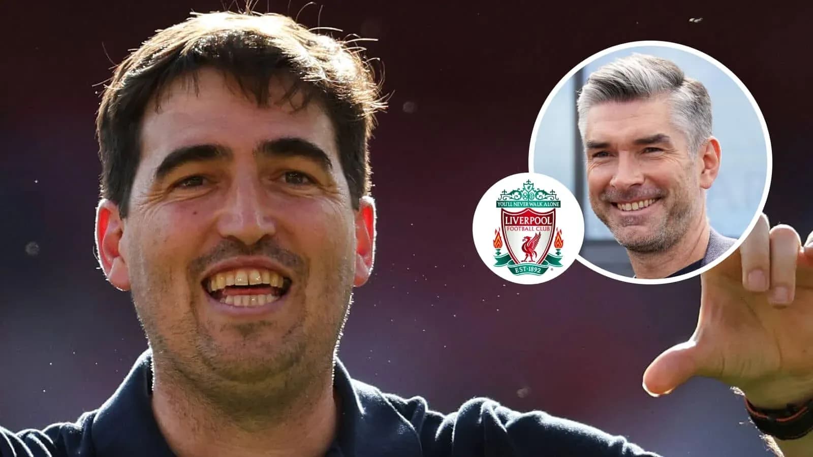 Football coach celebrating with Liverpool badge in background