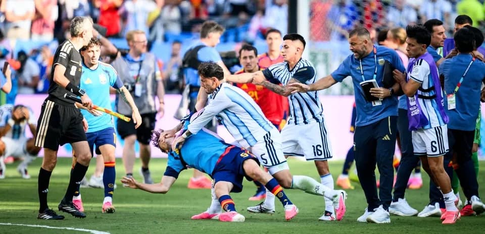 Players clashing during intense football match scene