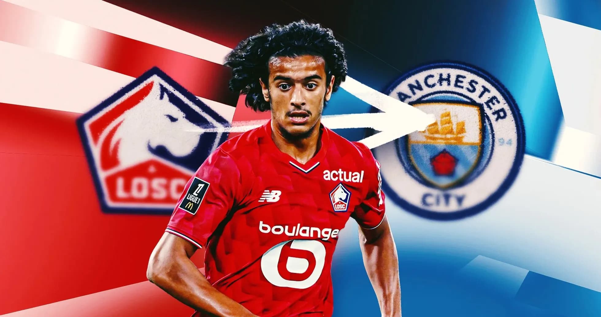 Futbolchi LOSC formasida, Manchester City logotipi ko'rsatilgan