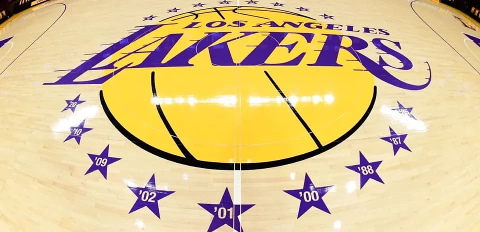 Los Angeles Lakers logo on the basketball court