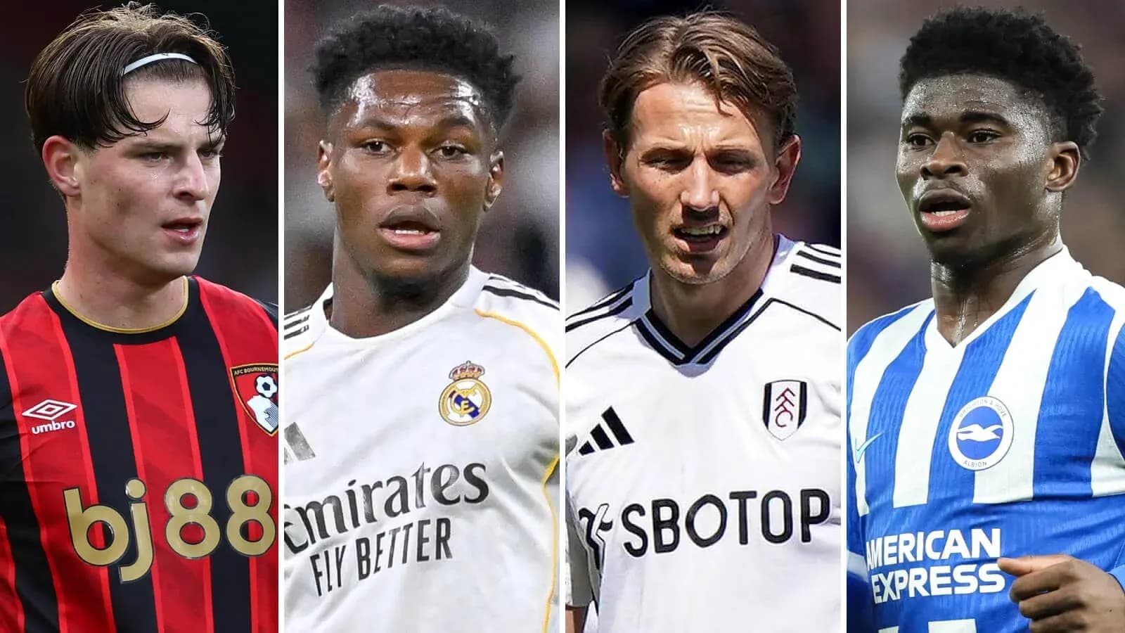 Four football players in club jerseys during match