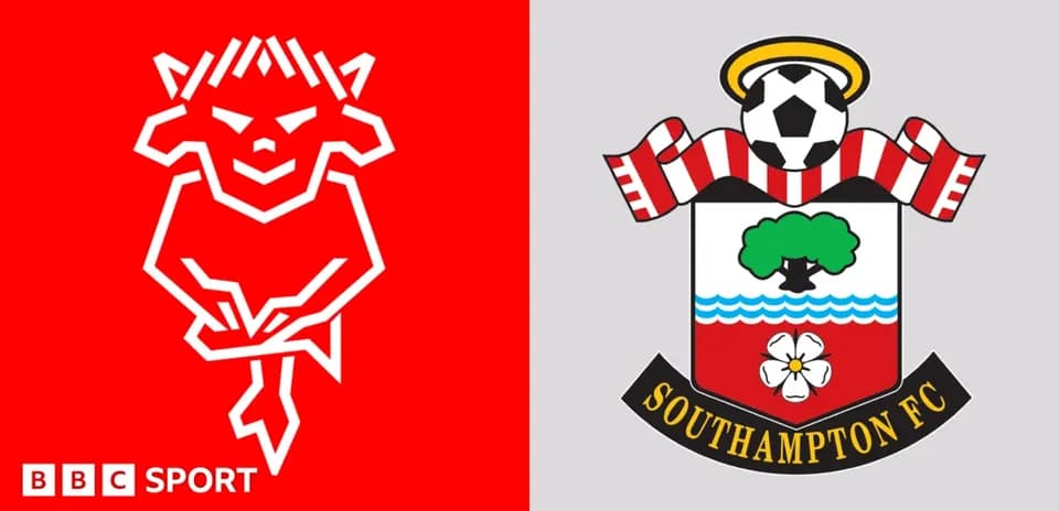 Logos of two football clubs on colored backgrounds
