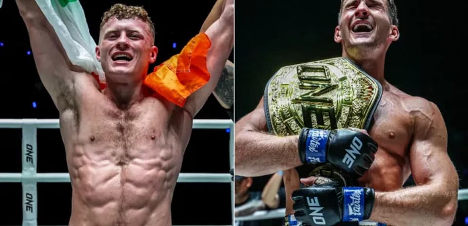 Two victorious fighters celebrating with championship belts