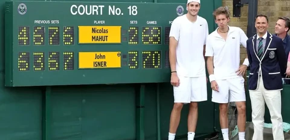 Players and officials by scoreboard at Wimbledon