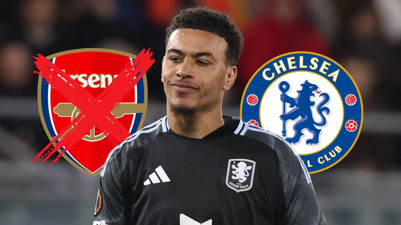 Futbolchi Aston Villa formasida, Arsenal va Chelsea logotiplari