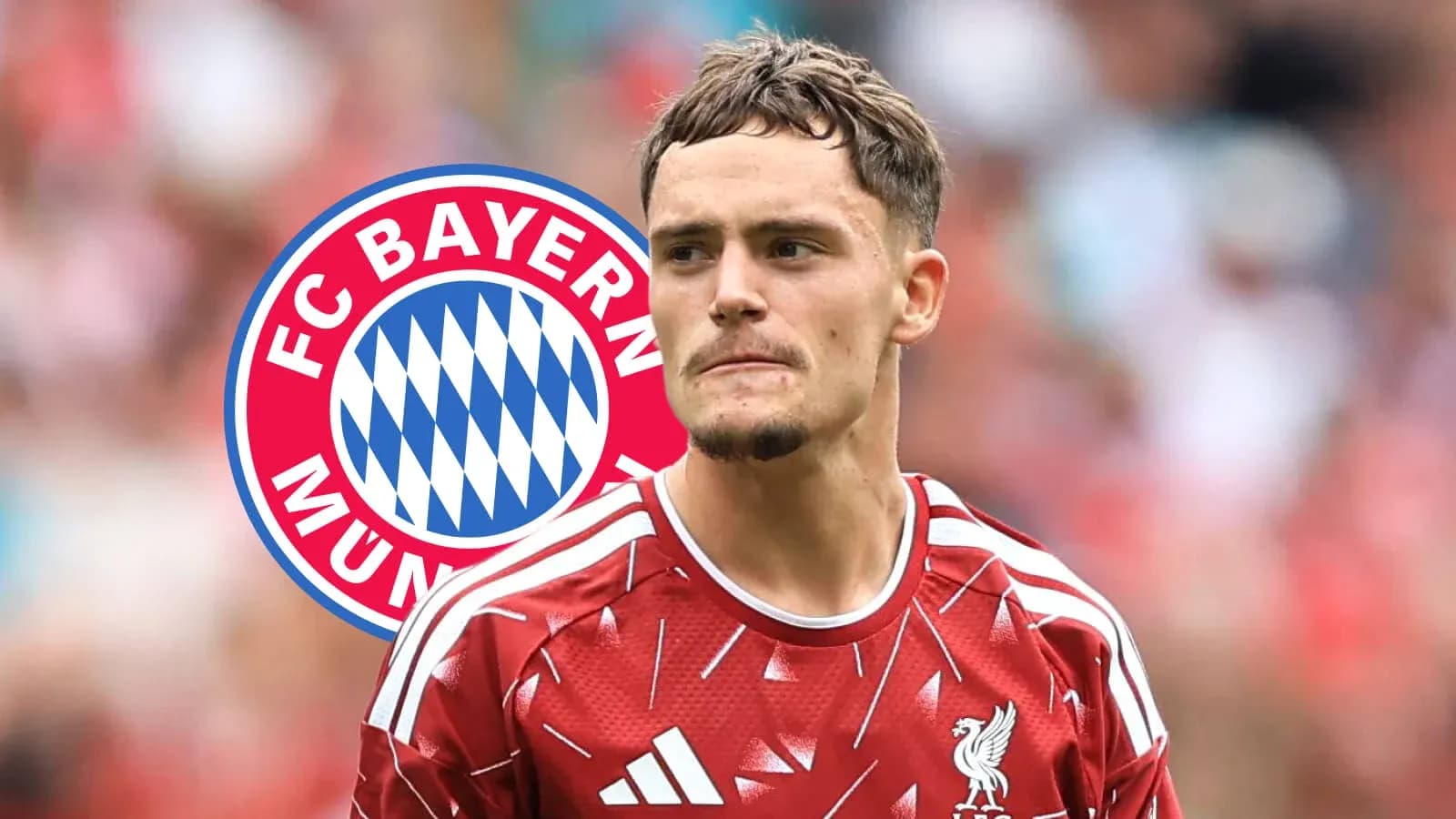 Futbolchi Liverpool formasida, Bayern emblemasi bilan fon