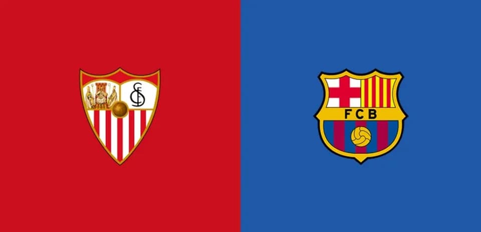 Sevilla and Barcelona team logos on colored backgrounds