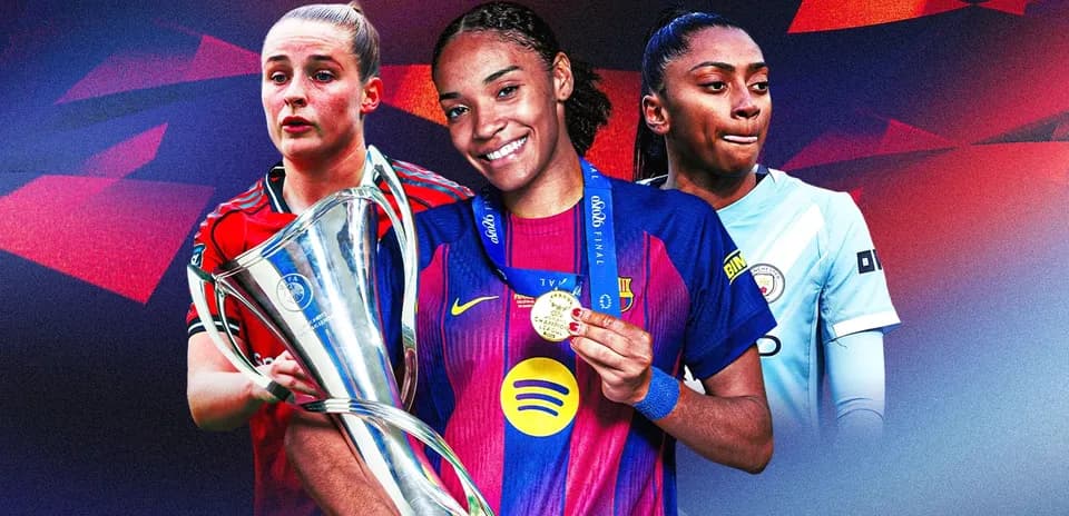 Three female football players with trophies and medals
