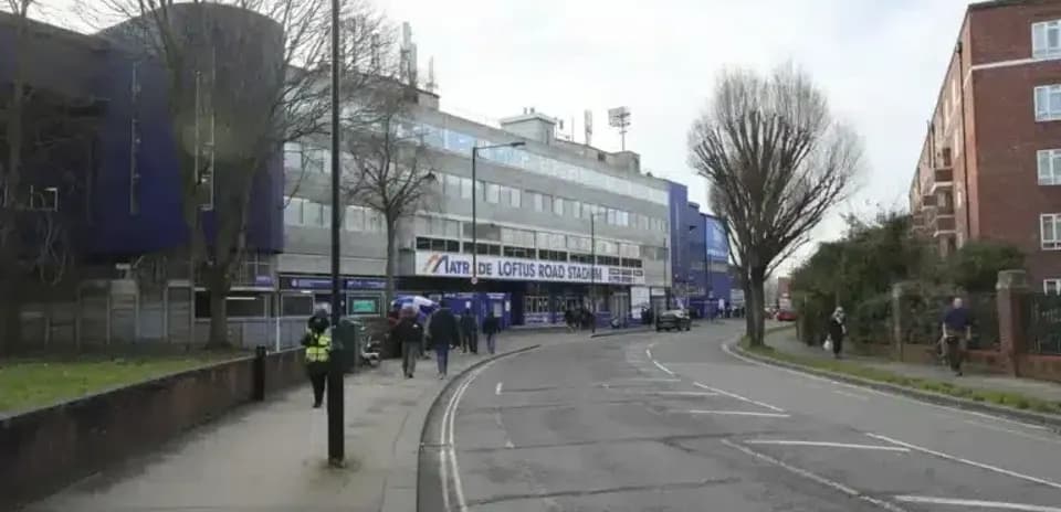 Loftus Road Stadium exterior with fans arriving