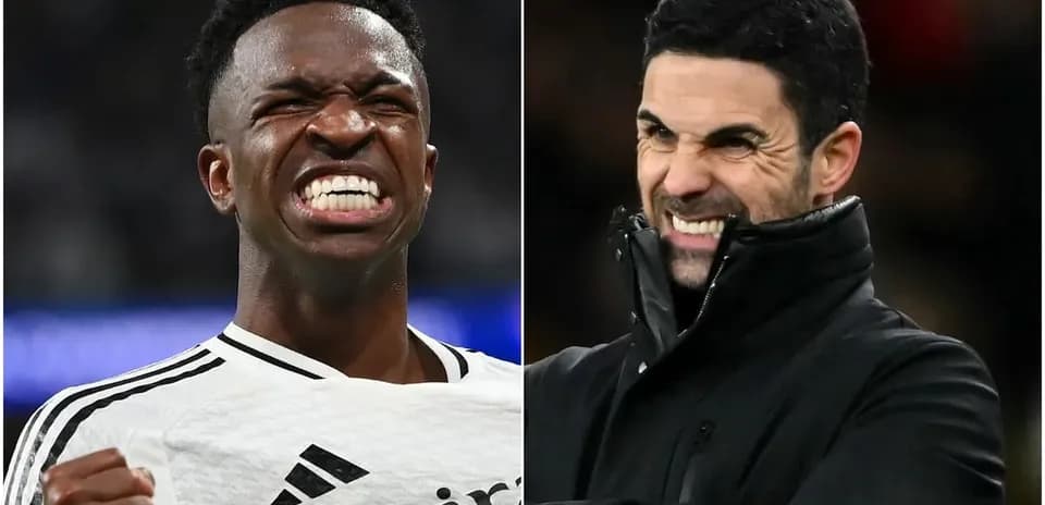 Vinicius Jr. celebrating; Mikel Arteta reacting