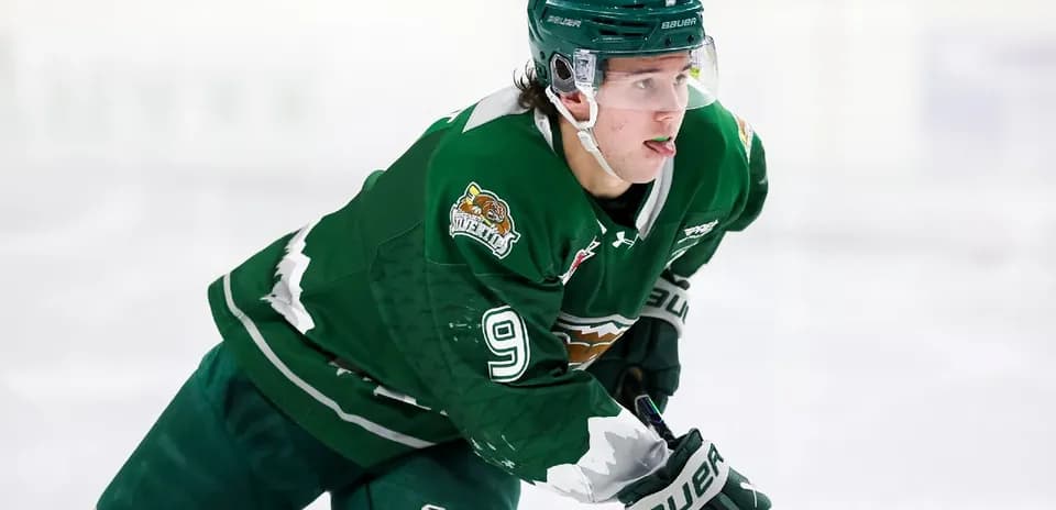 Hockey player in green jersey skating on ice