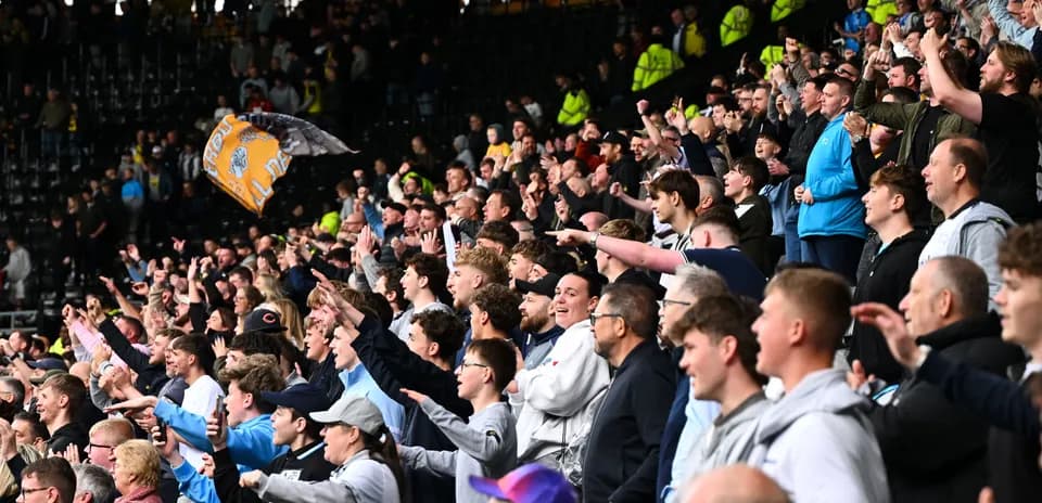 Fans cheering and waving flags in stadium stands