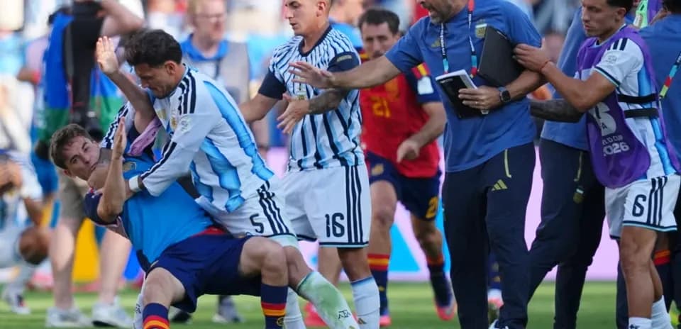Players and staff involved in a scuffle during match