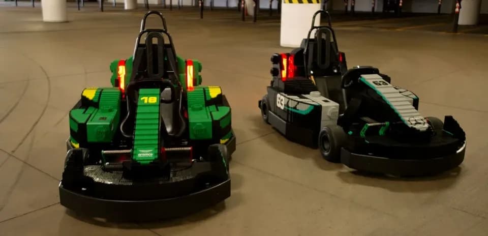 Two go-karts designed with colorful blocks