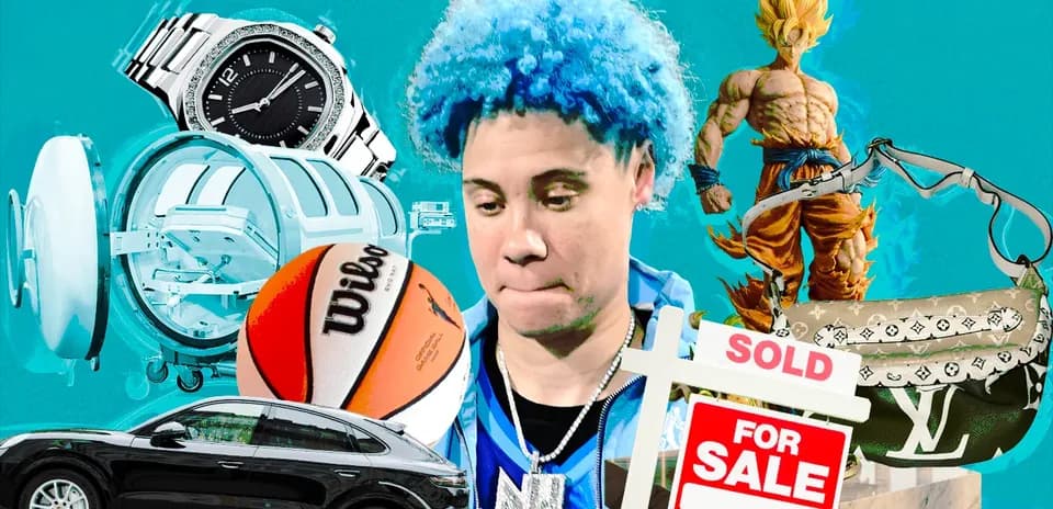 Person with blue hair surrounded by luxury items