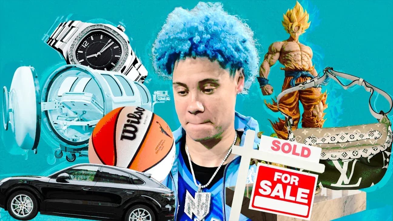 Person with blue hair surrounded by luxury items