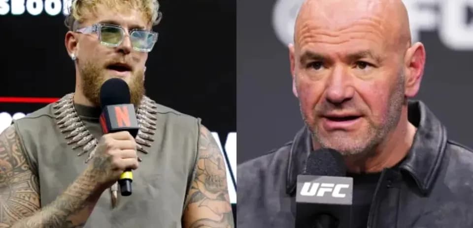 Jake Paul and Dana White speaking at press event