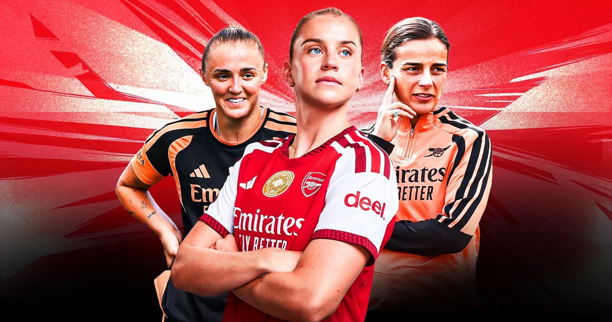 Arsenal players posing in team jerseys on red background