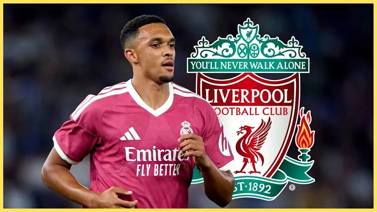 Futbolchi maydonda harakatda, Liverpool emblemasi orqa fonda
