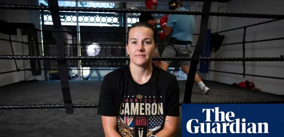Boxer sitting in ring with training in background
