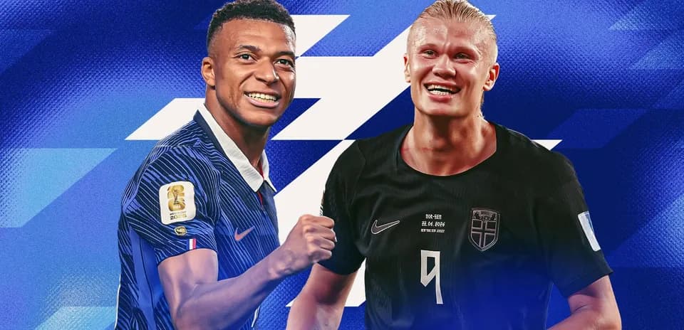 Mbappe and Haaland smiling against blue background
