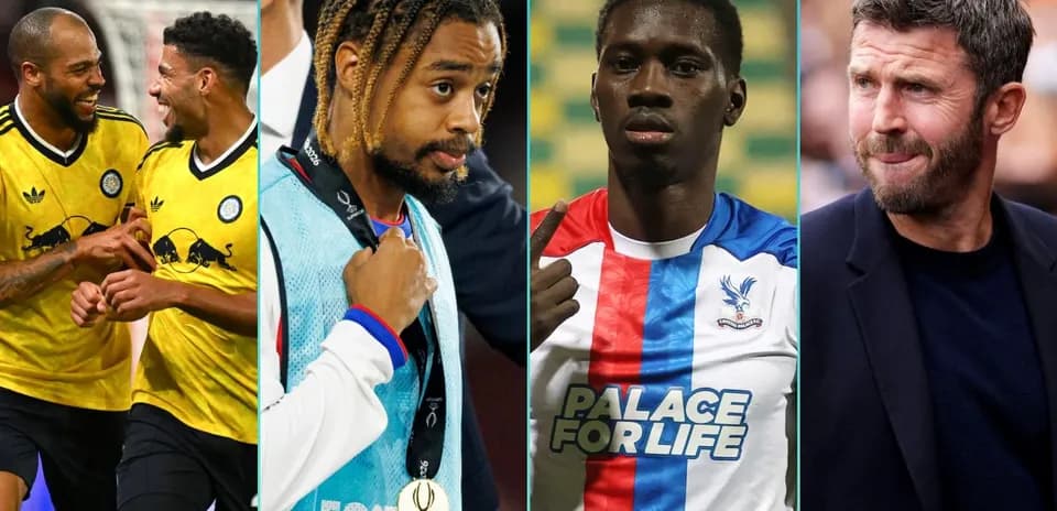 Football players and manager in various settings