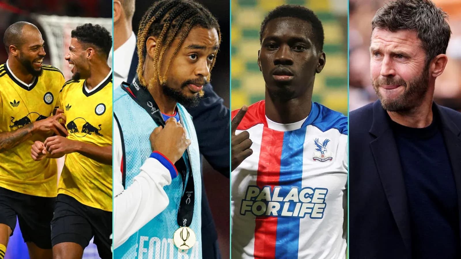 Football players and manager in various settings