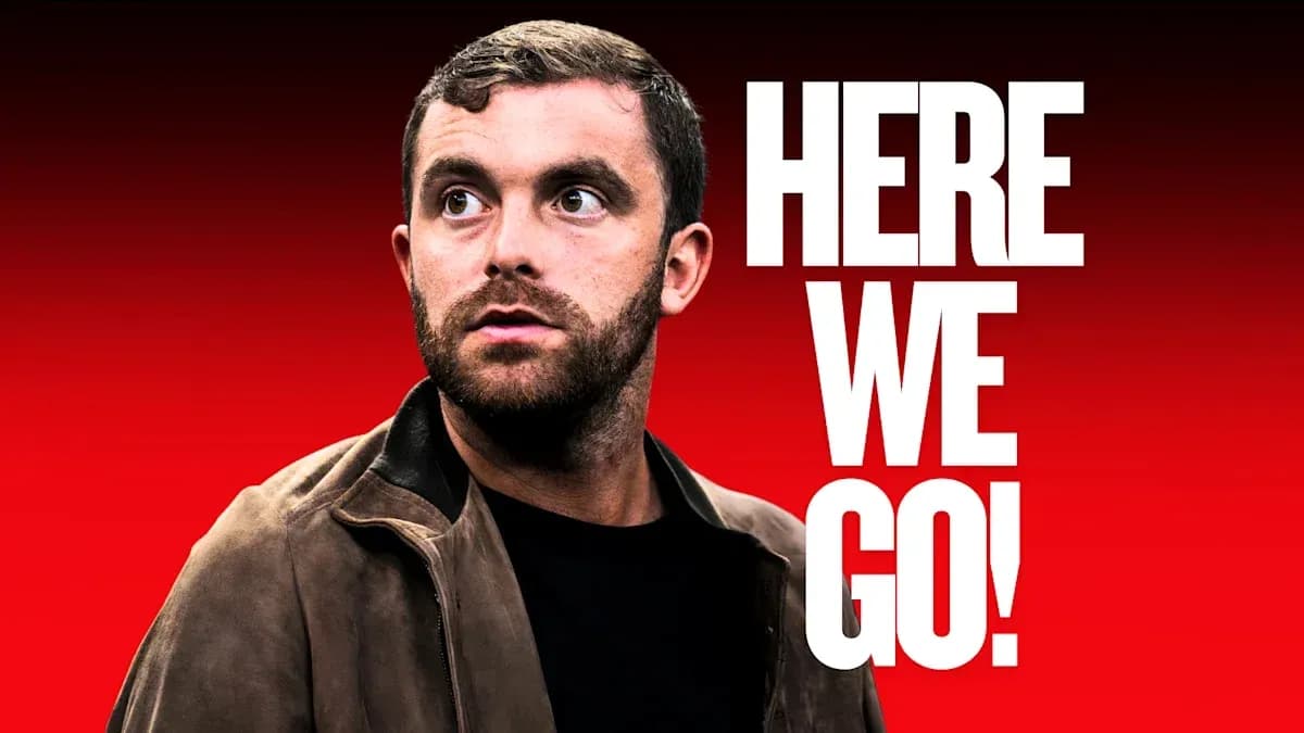 Man looking up with text 'HERE WE GO!'