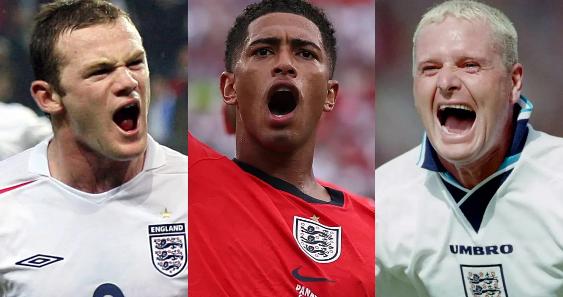 Three England players celebrating during football matches