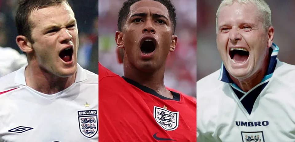 Three England players celebrating during football matches