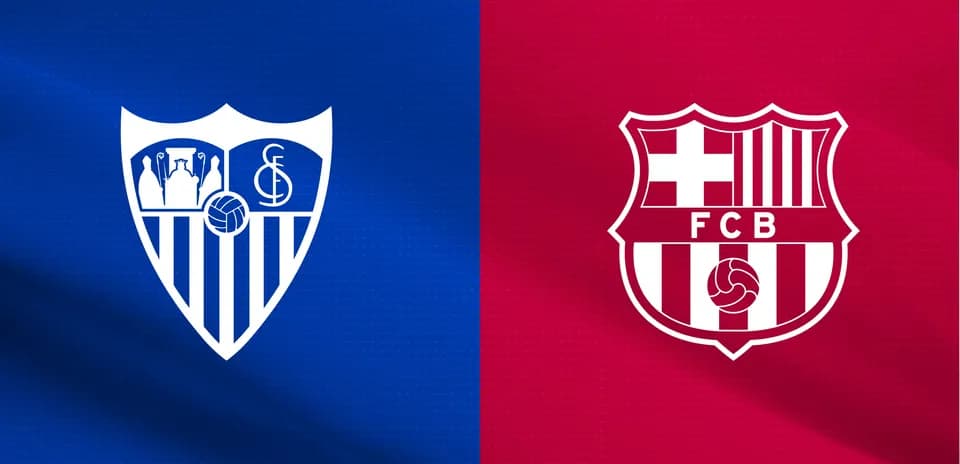 Sevilla and Barcelona team logos on colored background