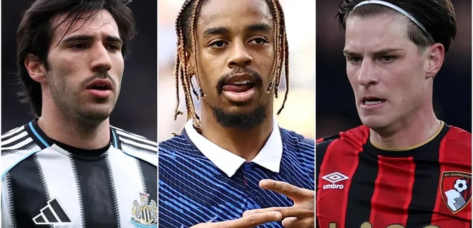 Three football players in their team jerseys