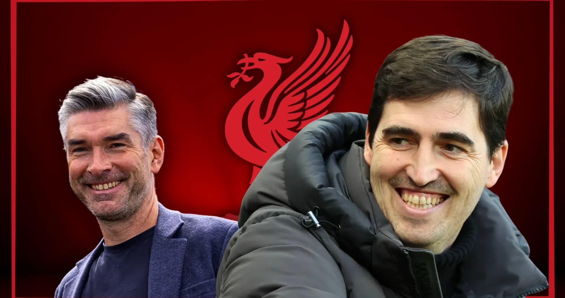 Two smiling coaches with Liverpool logo background