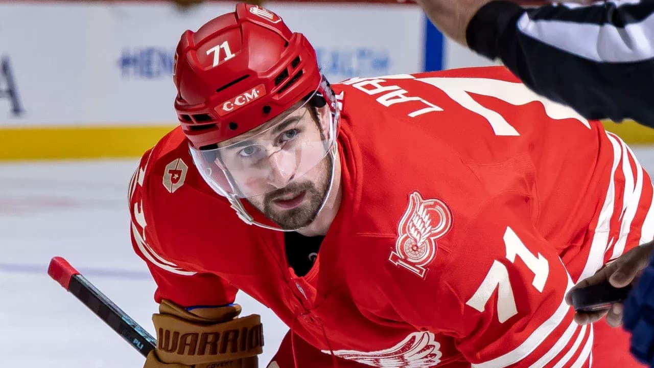 Hockey player in red jersey preparing for faceoff