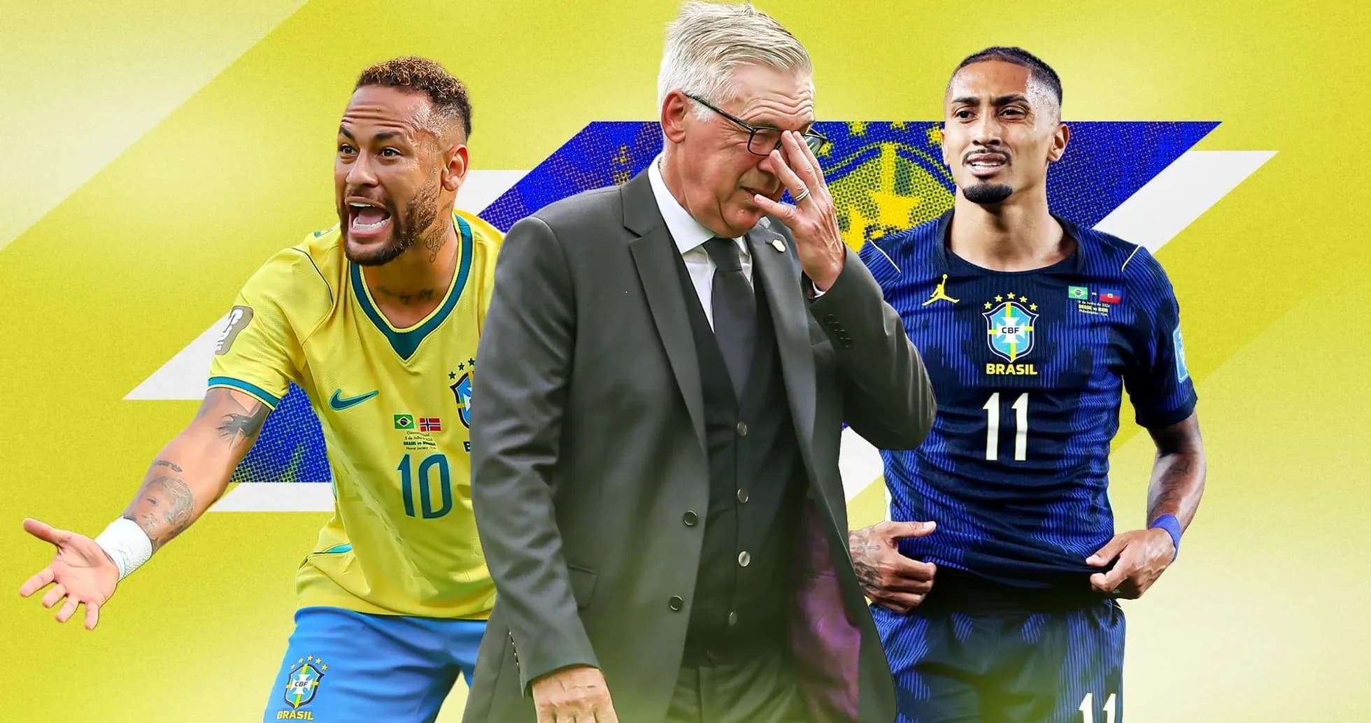 Neymar and player with coach in Brazil jersey