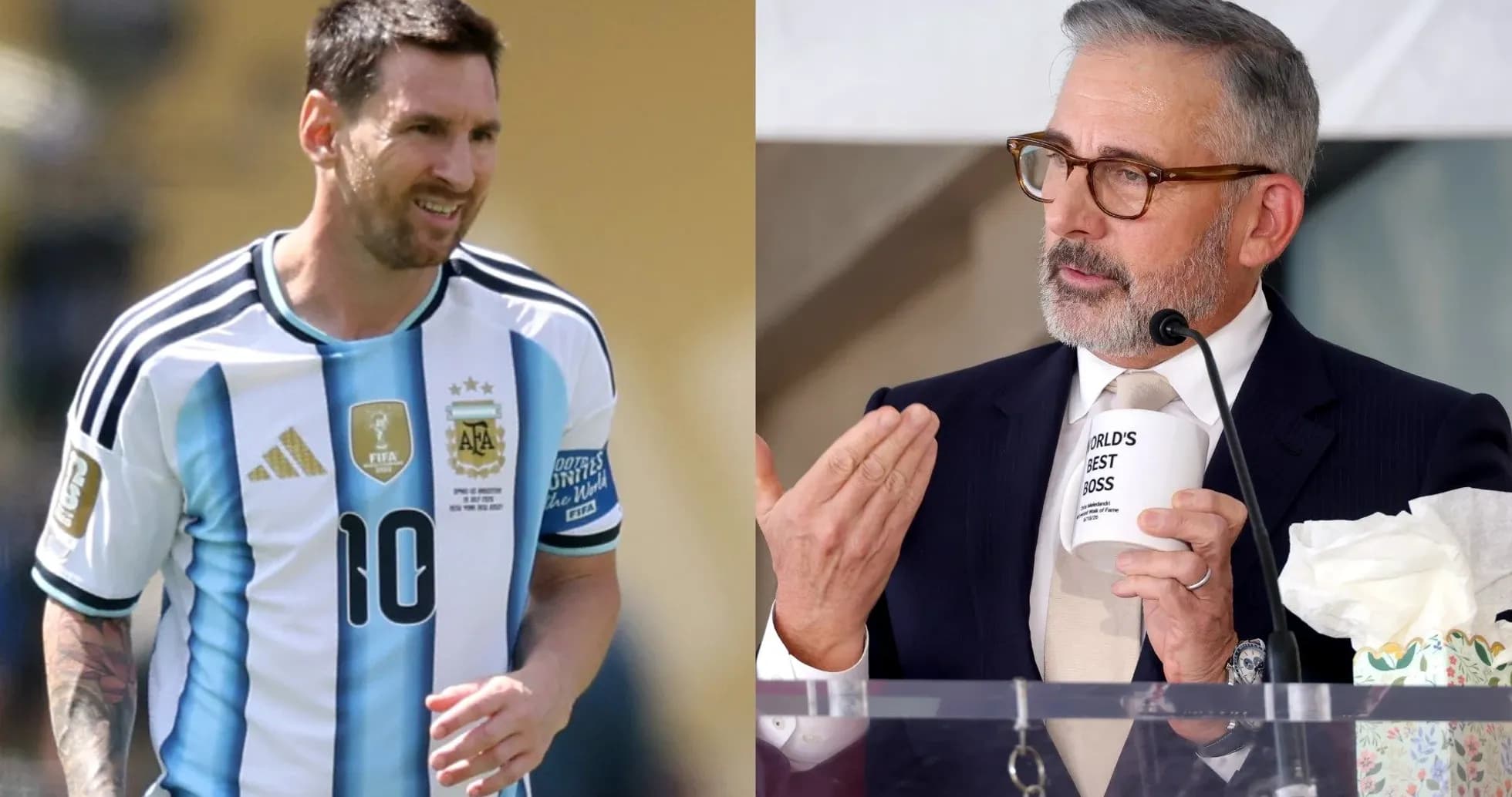 Lionel Messi in Argentina jersey, Steve Carell at podium