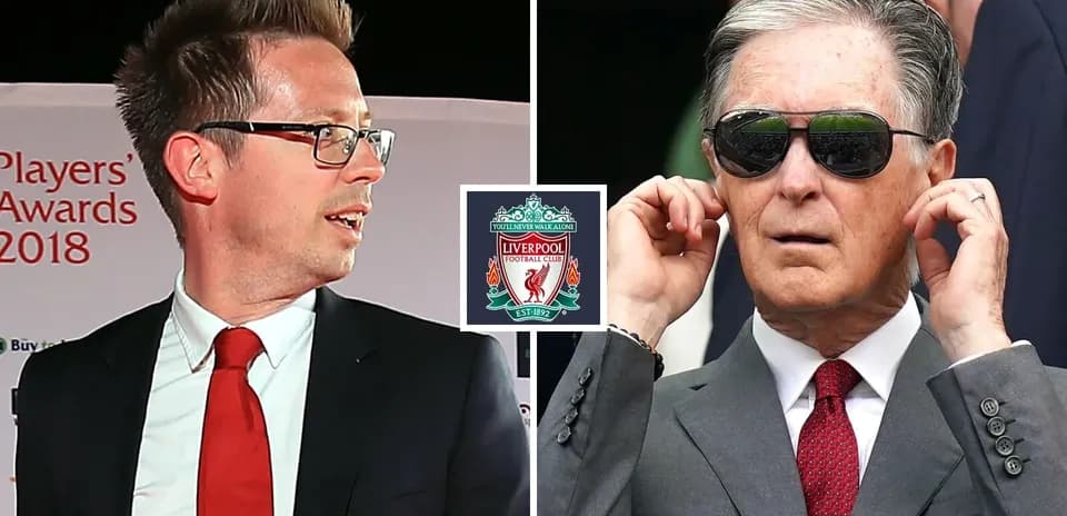 Two men at Liverpool FC event, one wearing glasses