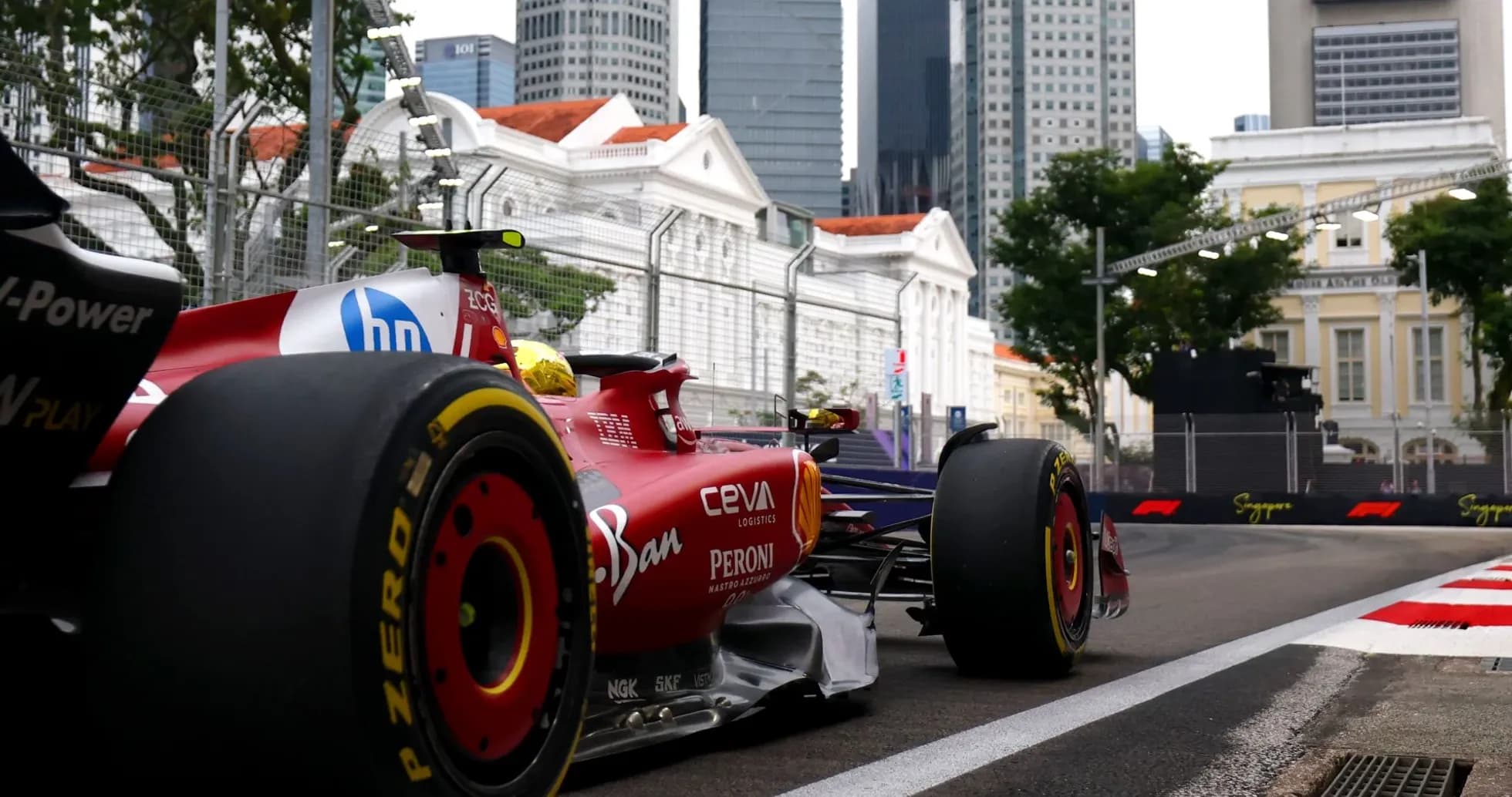 Formula 1 car racing on city street circuit