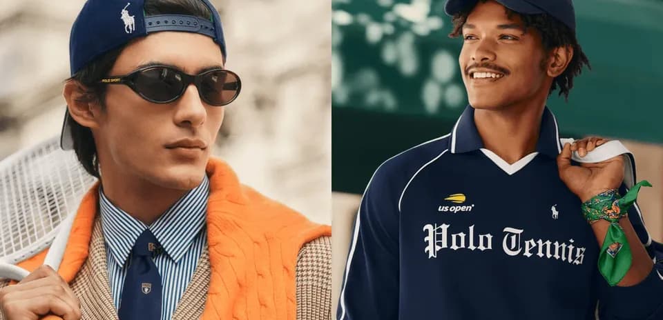Two men in stylish tennis outfits posing outdoors
