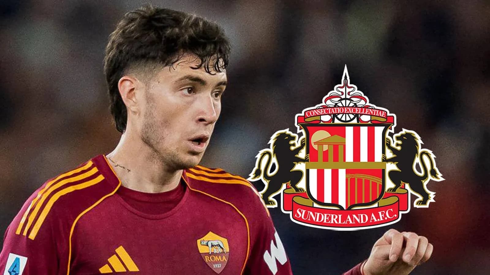 Futbolchi maydonda harakatda, Sunderland A.F.C. logosi fonida