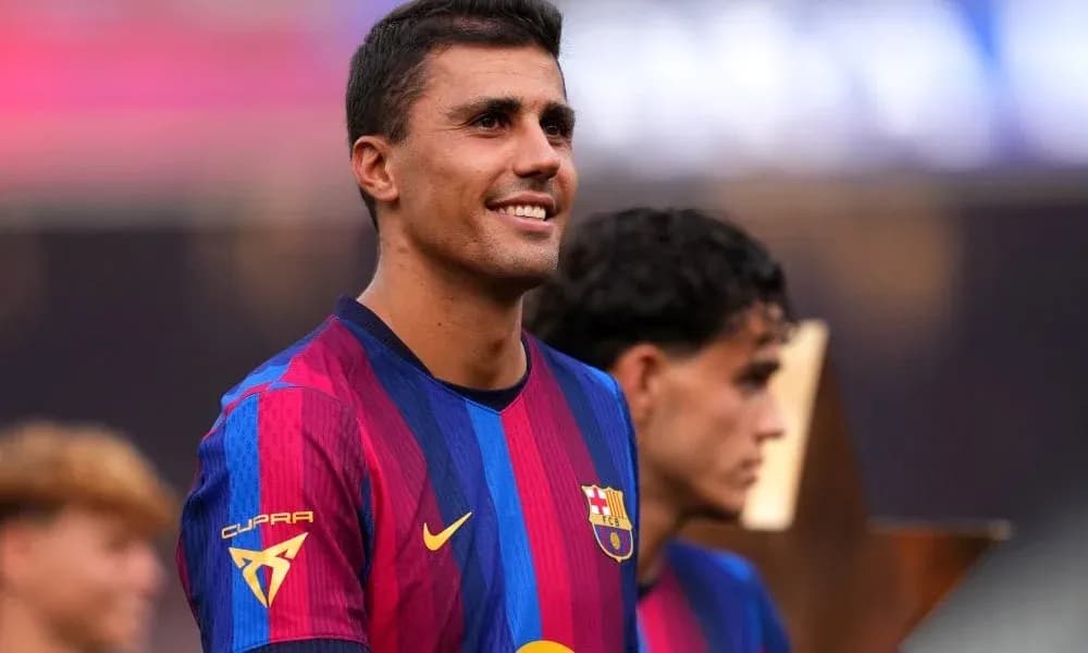 Barcelona player smiling during trophy celebration