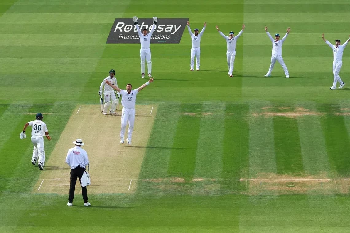 Bowler celebrating a wicket with teammates in cricket match