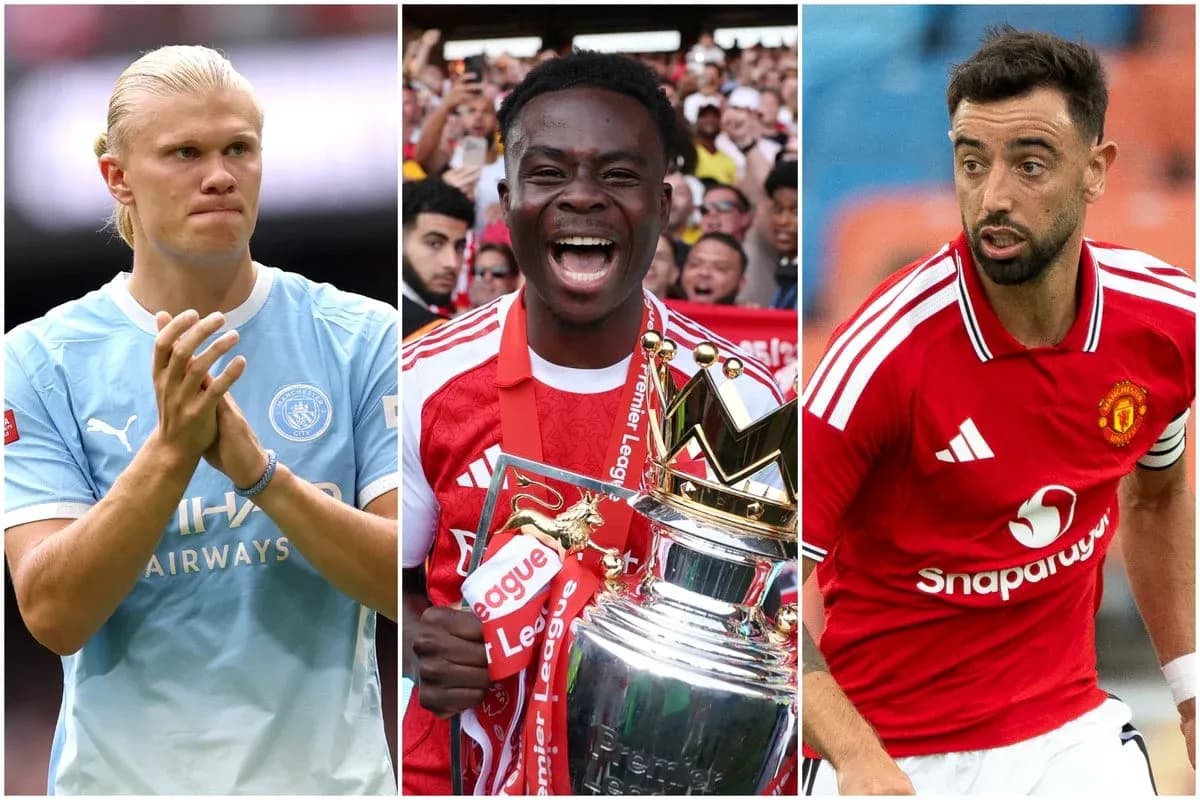 Three football players in club jerseys posing together